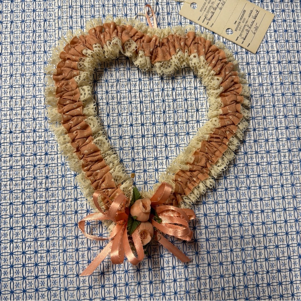 Vintage Small Decorative Heart-shaped Fabric and Lace Wreath with Roses 7.5”